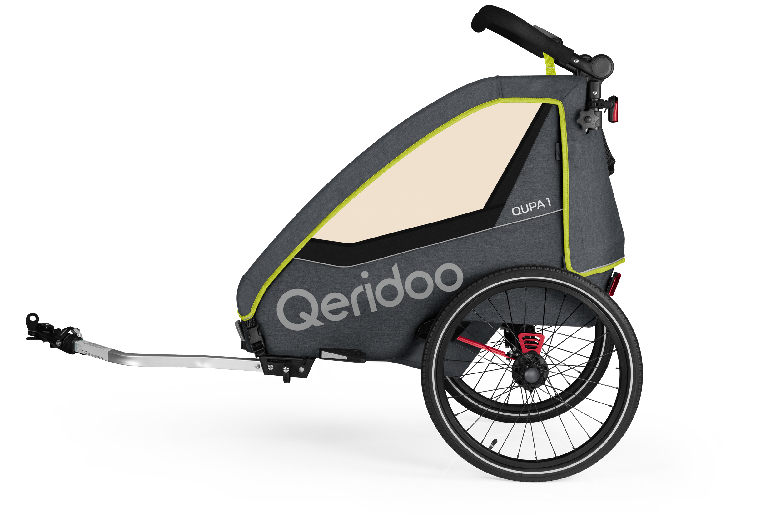 Ein grauer Kinderwagen mit zwei Rädern. Er steht vor weißem Hintergrund.
