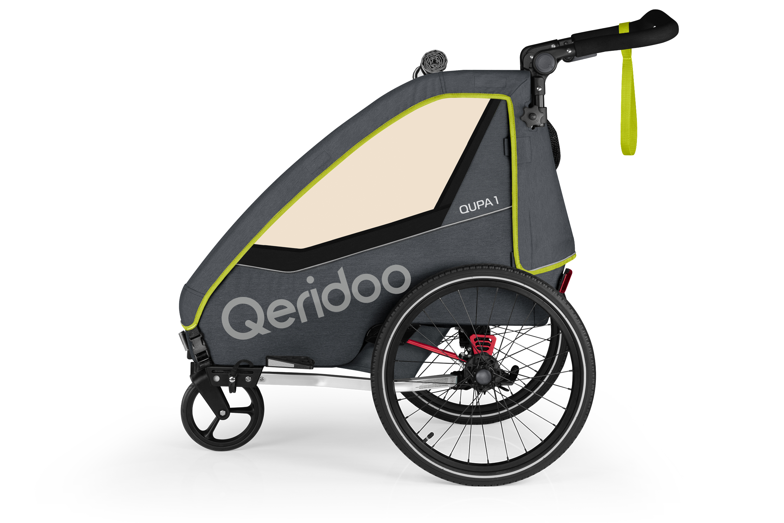 Ein grauer Qeridoo-Kinderwagen mit zwei Rädern und einem Griff.