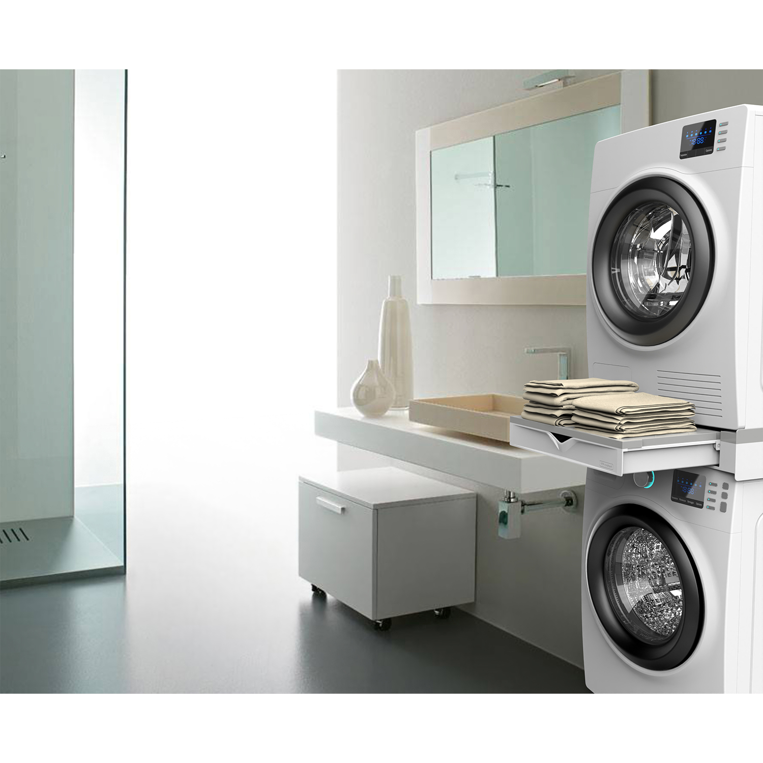 Bagno con lavatrici, specchio e mobile bianco.