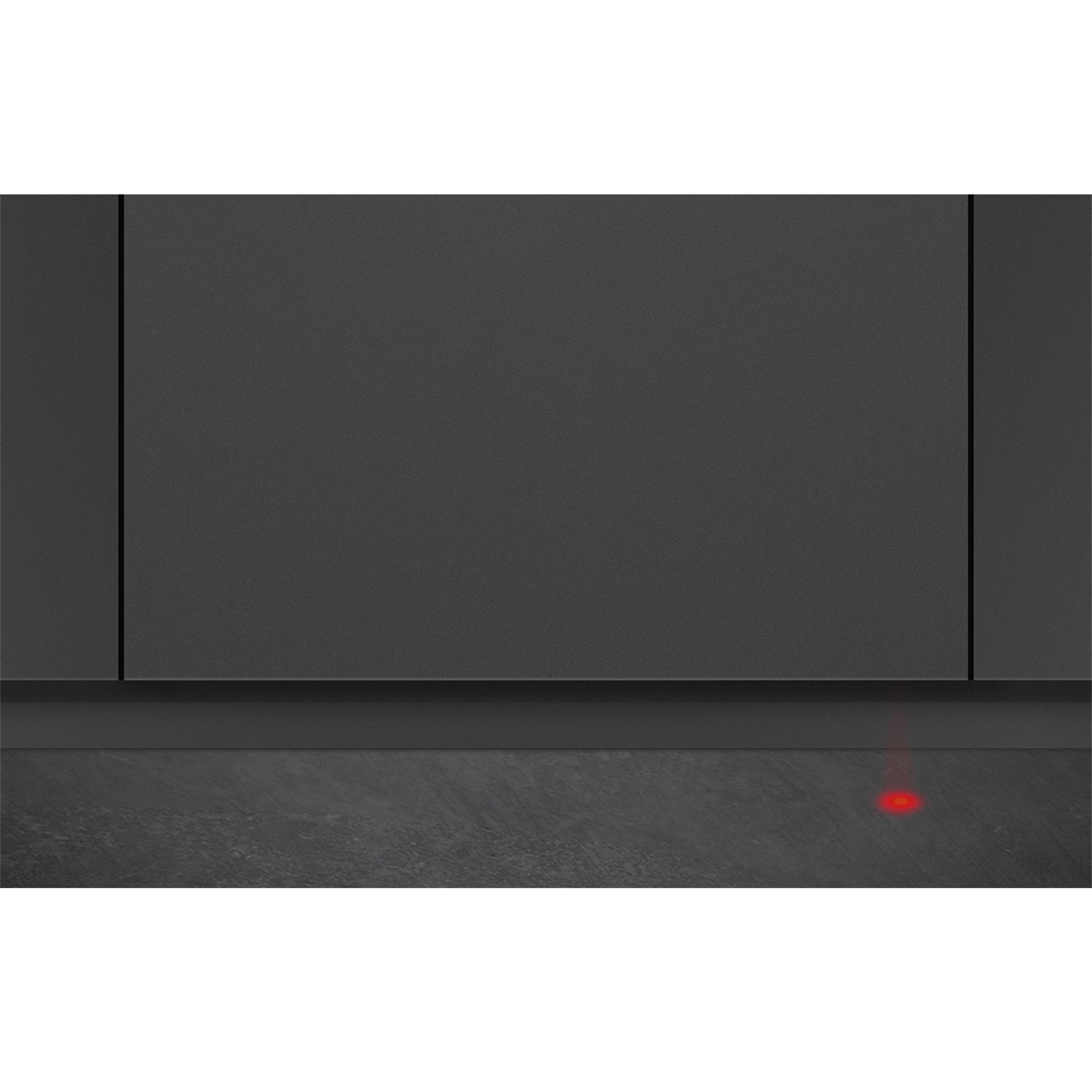 Un pannello di lavastoviglie grigio scuro con una luce rossa sul pavimento.