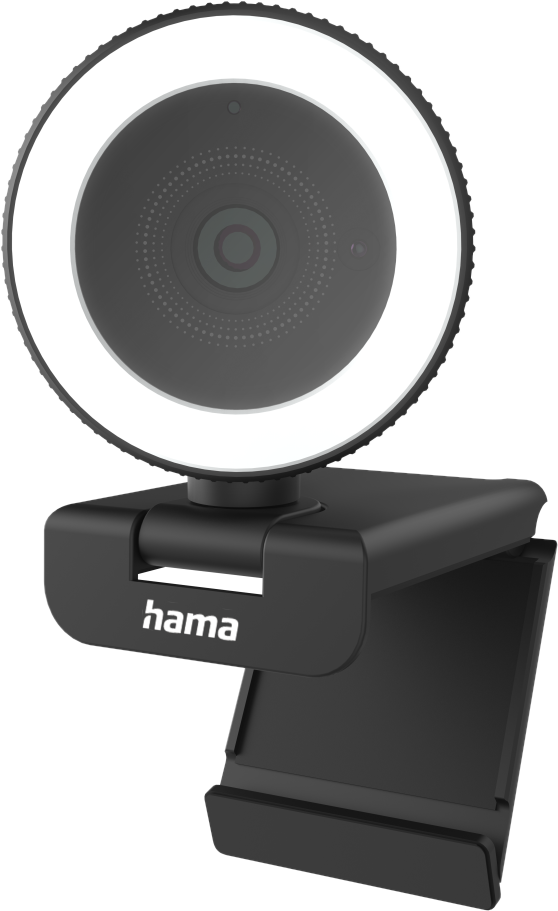 Webcam nera con luce circolare. Ha una base nera e un supporto per telefono.