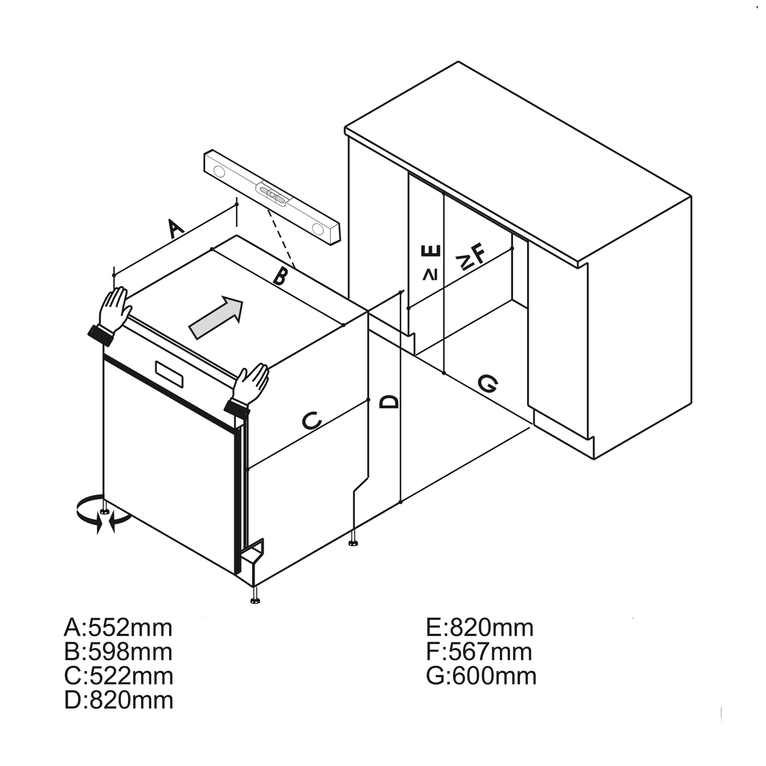 Diagramma di una lavastoviglie che mostra dimensioni e istruzioni per l'installazione.