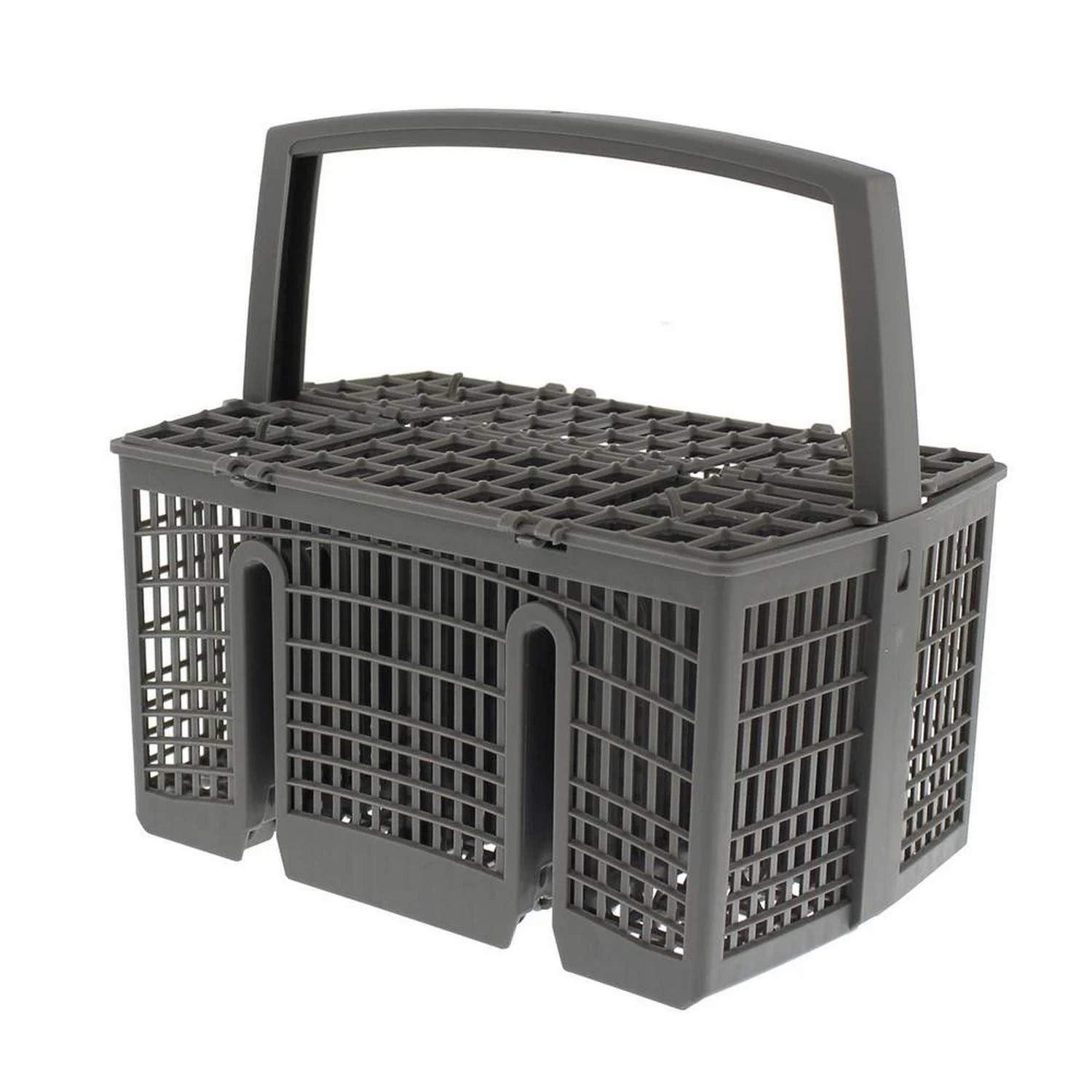 Panier de lave-vaisselle gris pour ustensiles. Isolé sur fond blanc. La poignée est en haut.