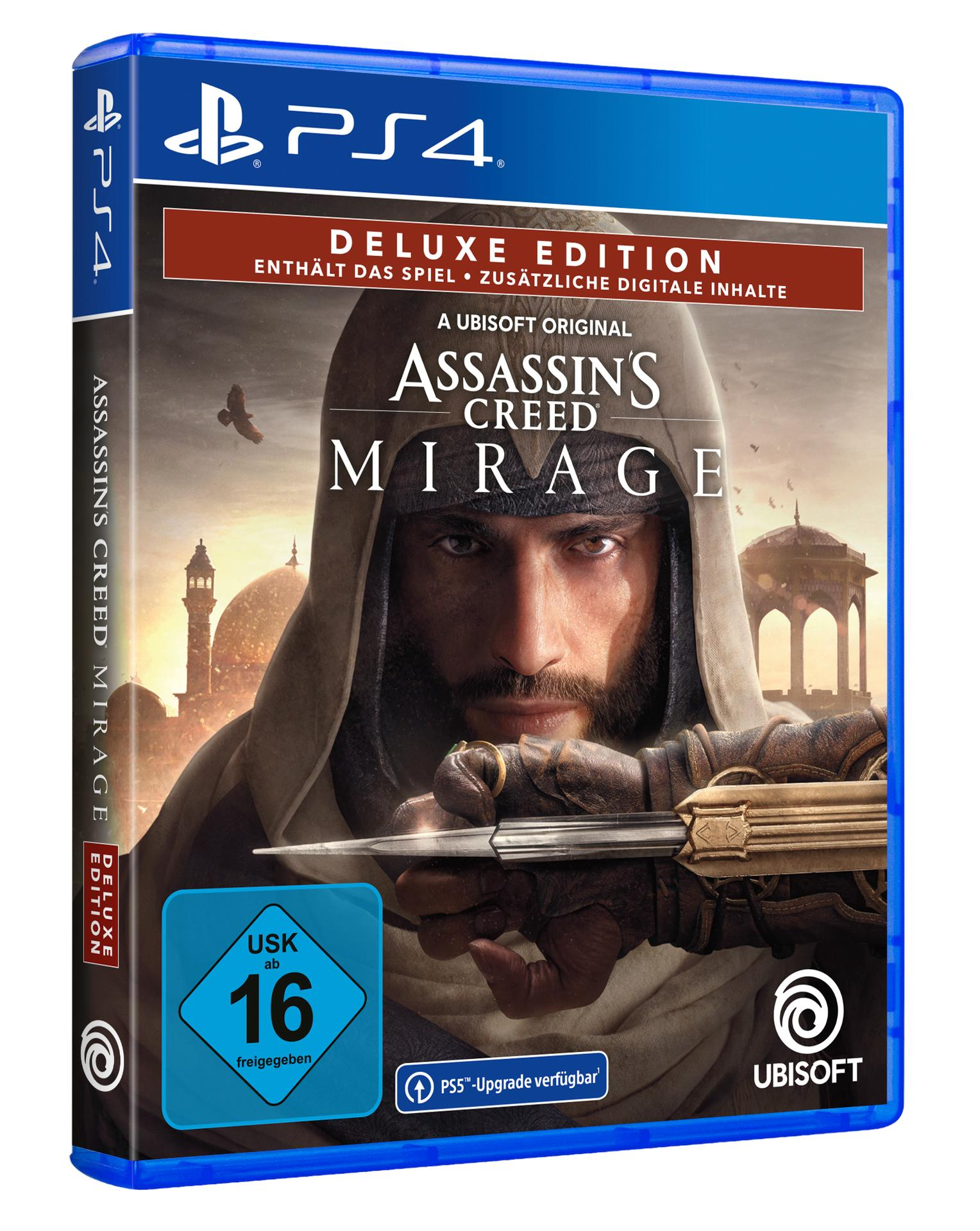 PS4-Spielebox für Assassin's Creed Mirage, Deluxe Edition, mit einem Mann mit einem Dolch.
