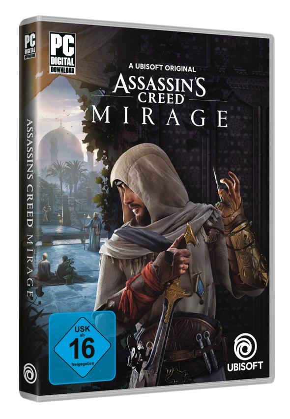 Assassin's Creed Mirage Spielverpackung mit einem arabischen Mann mit Schwert.