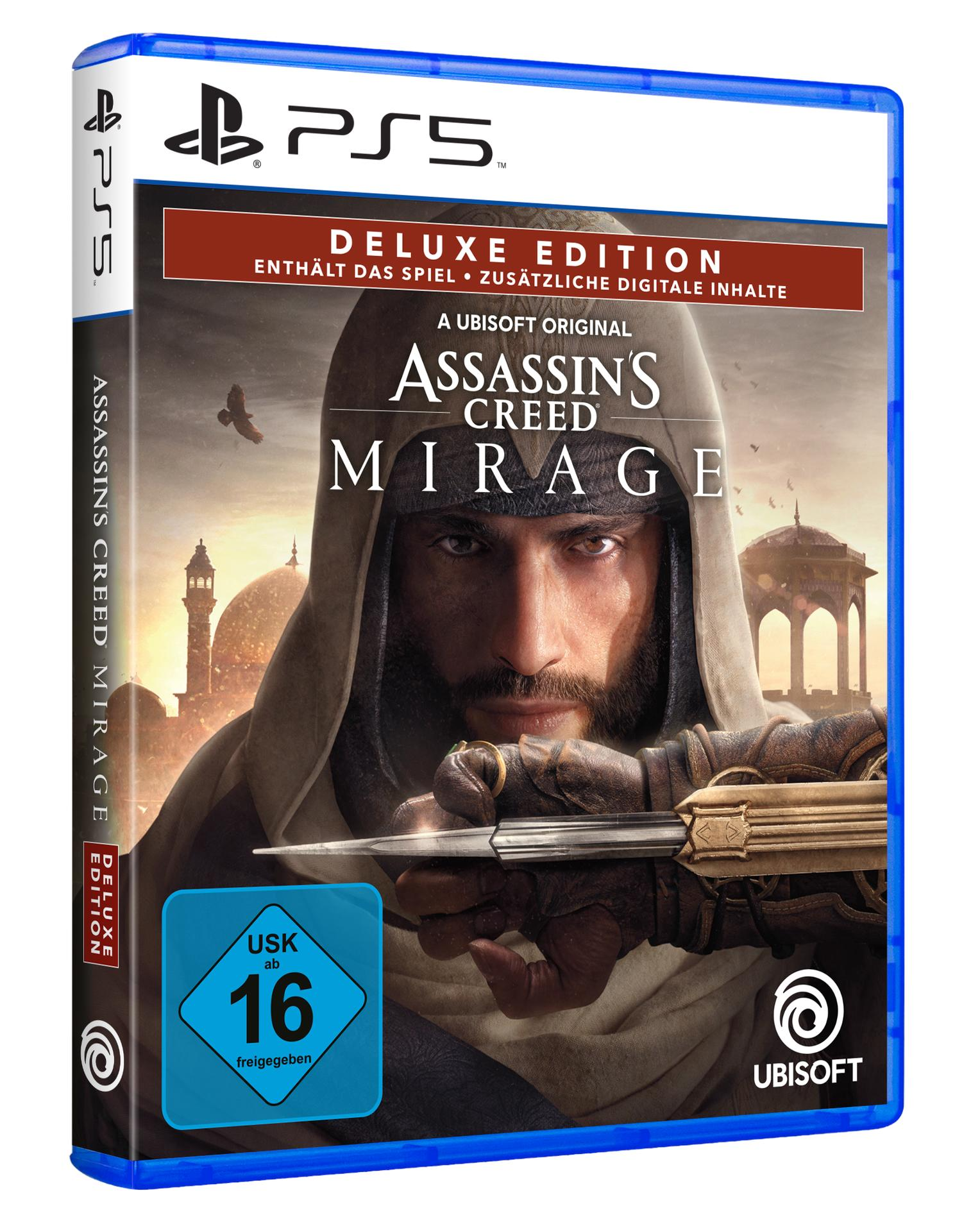 Spielverpackung für Assassin's Creed Mirage, mit einer Kapuzenfigur, die eine Klinge hält.