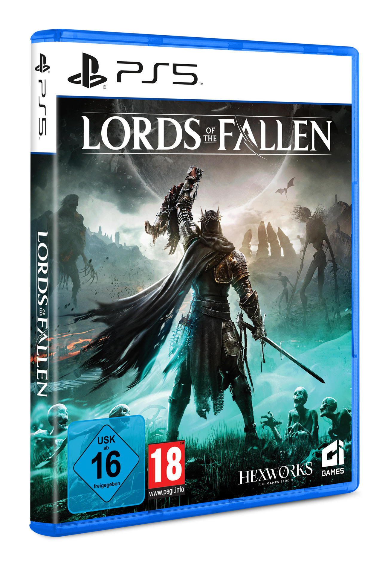 PS5-Spielhülle, "Lords of the Fallen". Vorderseite zeigt einen Ritter mit Schwert. Blaue Hülle.