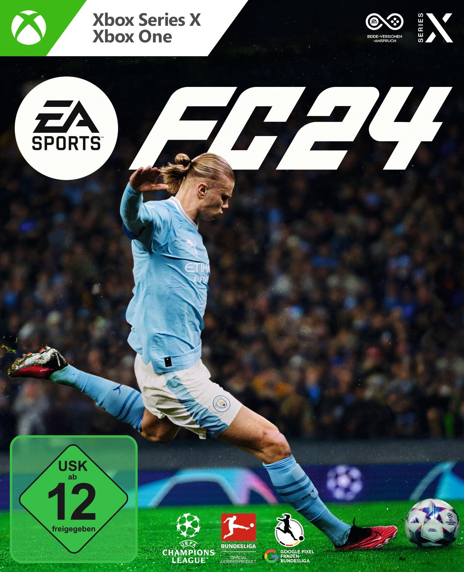 FC24-Spielcover. Fußballspieler in Hellblau. Xbox- und EA Sports-Logos.