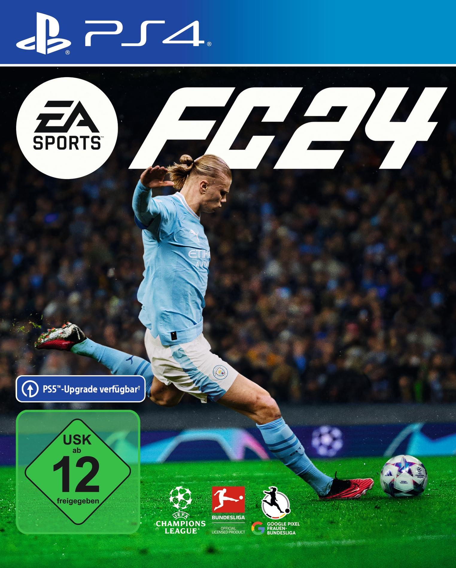 Spiel-Cover: Ein Fußballspieler, der einen Ball tritt. Text: FC24. Logo: Champions League.