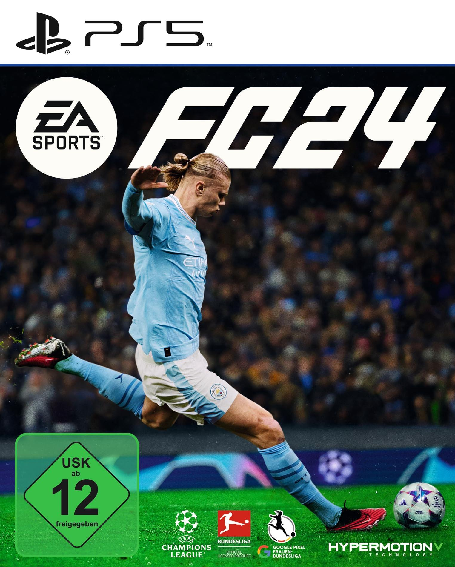 FC24 PS5 Spielcover mit einem Fußballspieler, der den Ball schießt.