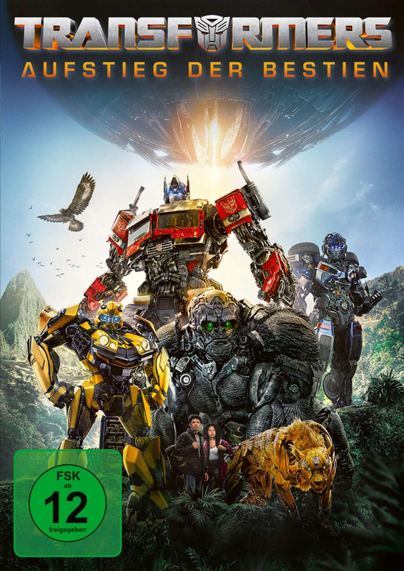 Filmcover mit Transformers. Optimus Prime und andere Roboter im Vordergrund. Ein Raumschiff und ein Adler im Hintergrund.