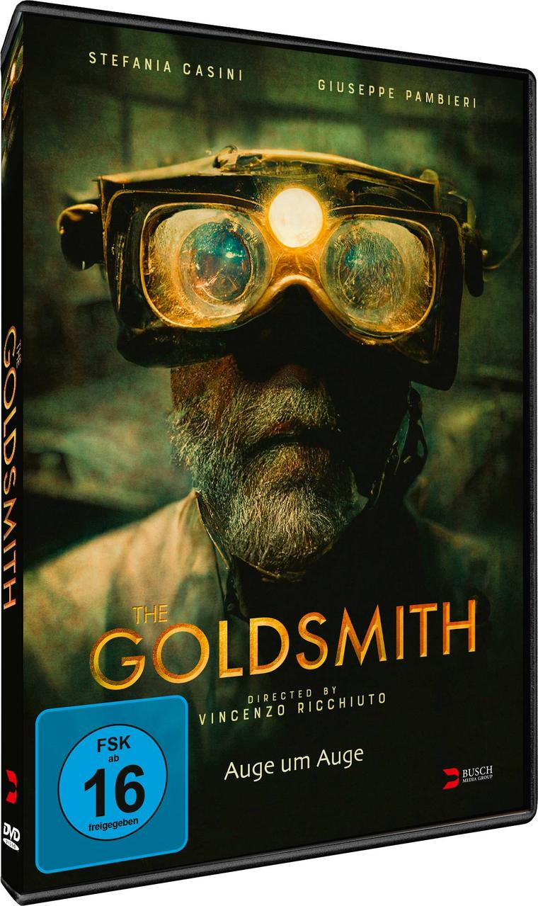 DVD-Hülle, ein Mann mit Schutzbrille und Licht. Der Titel lautet 'The Goldsmith'. Blaue und schwarze Farben.