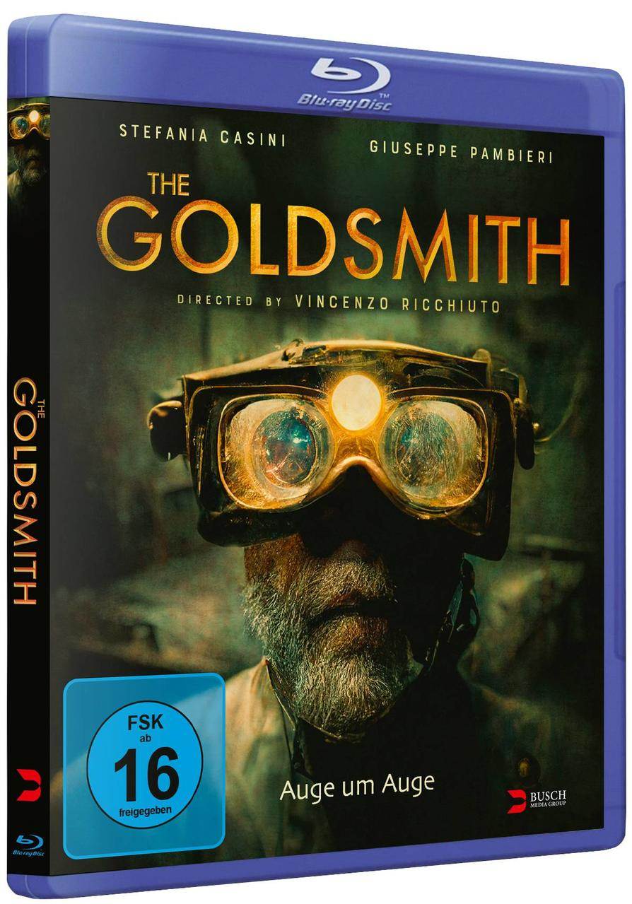 Blu-ray-Filmcover: „The Goldsmith“ mit Mann mit Brille, blauer Hintergrund.