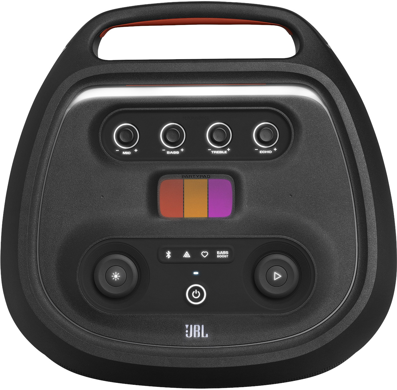 Schwarzer JBL PartyBox-Lautsprecher mit Steuertasten. Orange, lila und rosa Lichtanzeige.