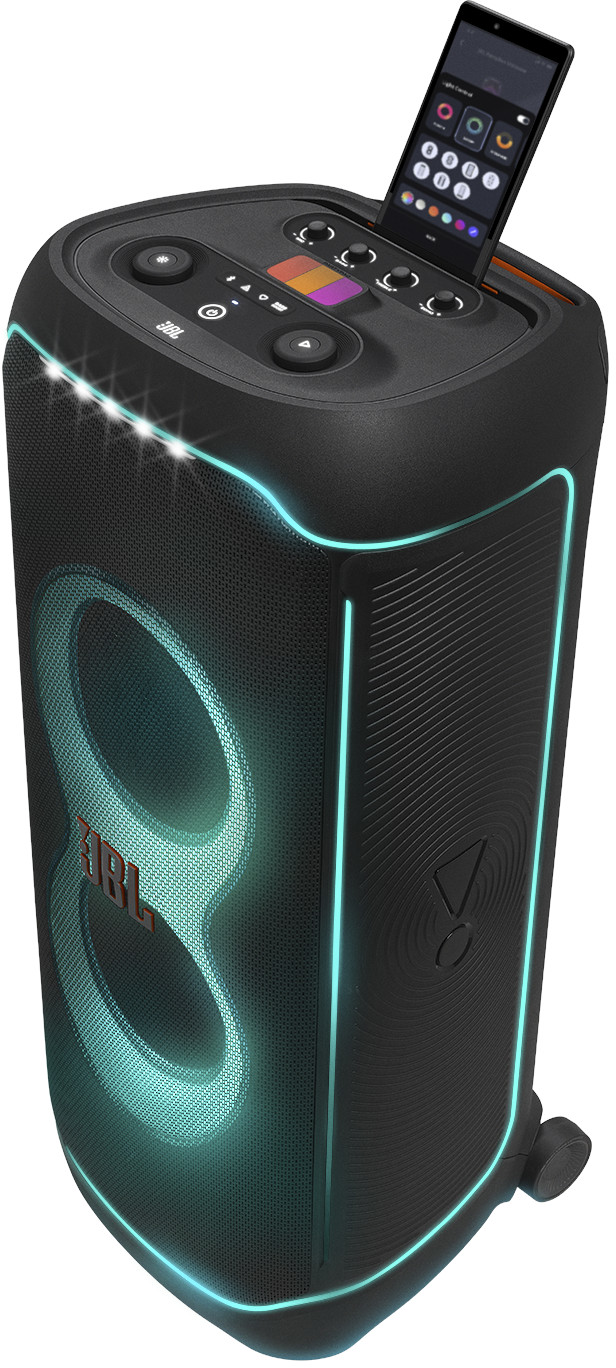Schwarzer JBL-Lautsprecher mit blauen Lichtern, Telefon oben und kreisförmigem Lautsprecherdesign.