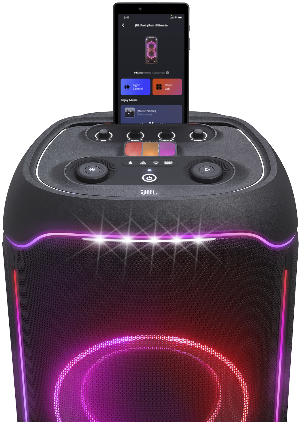 JBL PartyBox Ultimate Lautsprecher mit Smartphone oben. Es hat Bedienelemente und Lichter.