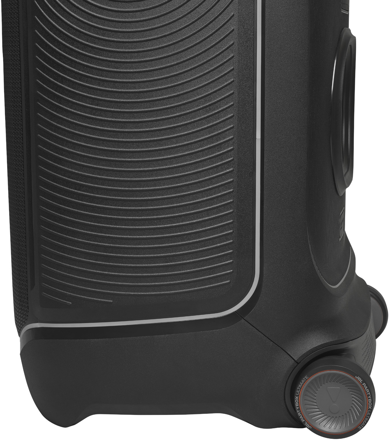 Ein schwarzer JBL PartyBox Ultimate Lautsprecher mit weißem Lichtstreifen und Rädern.