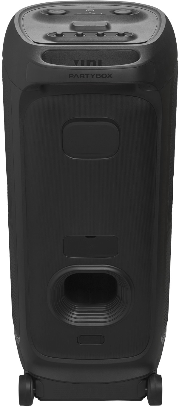 Schwarzer JBL PartyBox-Lautsprecher mit Rädern. Mit Bedienfeld, JBL-Logo und großem Bassreflex-Port.