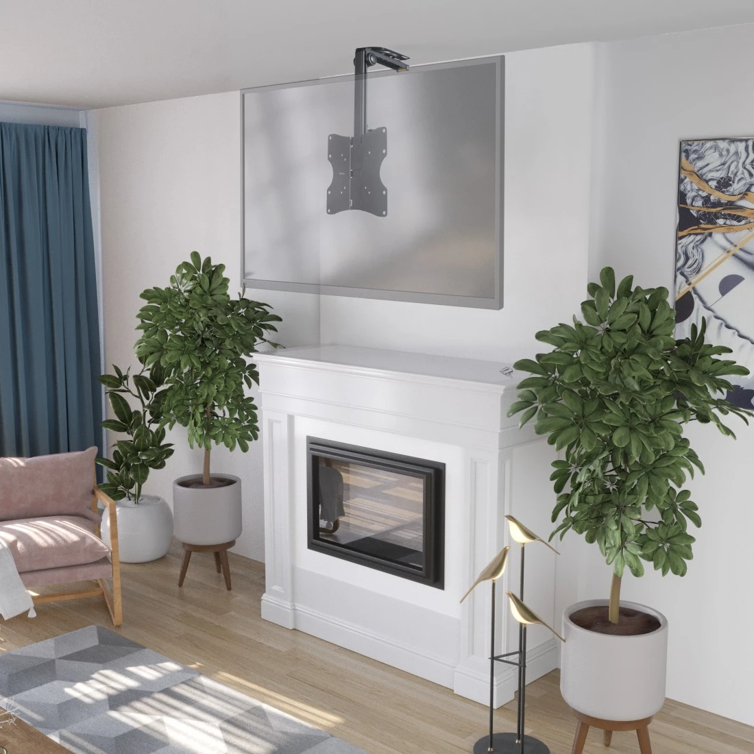 Wohnzimmer mit weißem Kamin, Fernseher, Pflanzen und einem rosa Sessel.