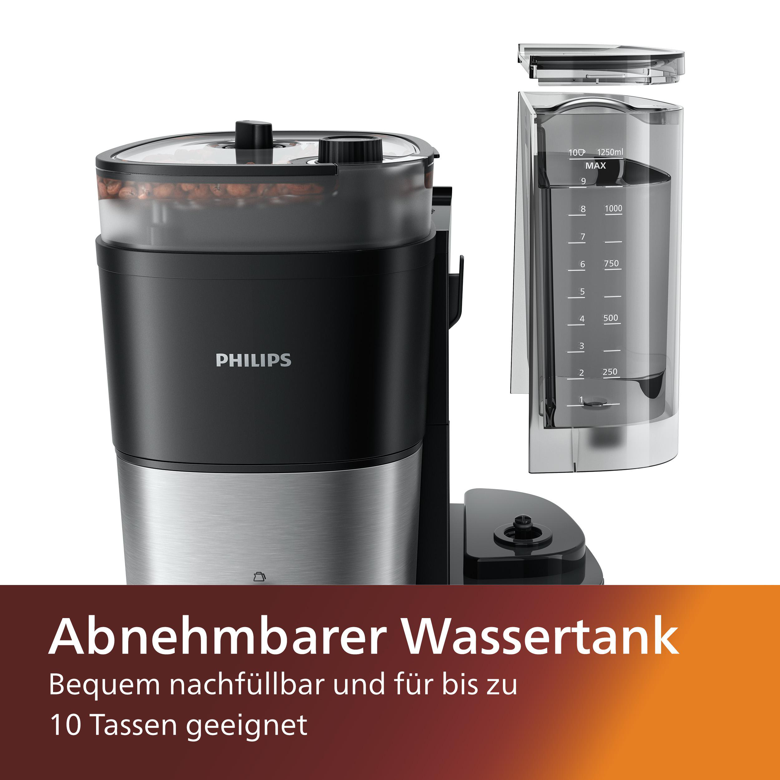 Kaffeemaschine mit Bohnenbehälter und Wassertank. Text sagt: abnehmbarer Wassertank.