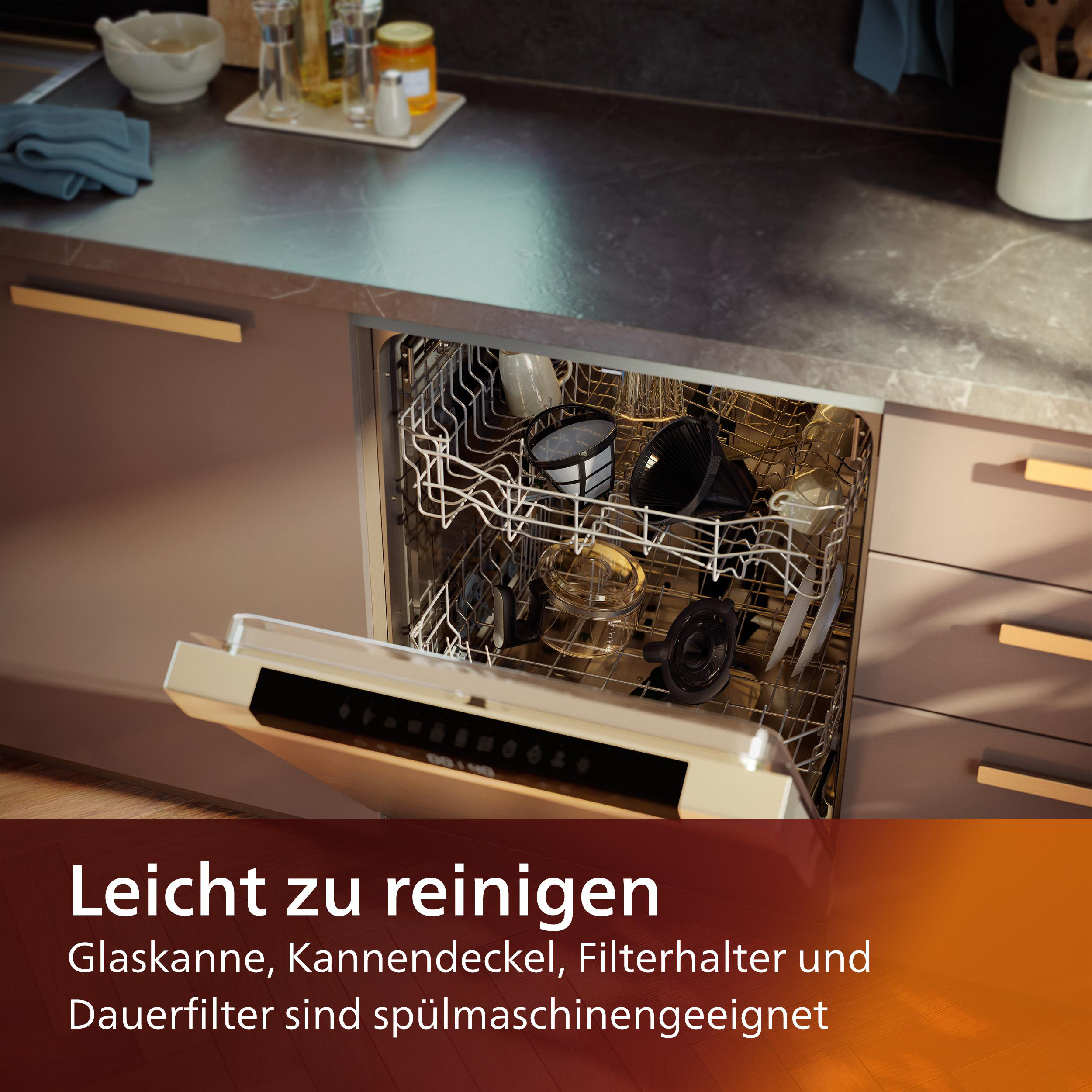 Ein Geschirrspüler, geöffnet, mit Geschirr im Inneren. Text sagt 'Leicht zu reinigen'.