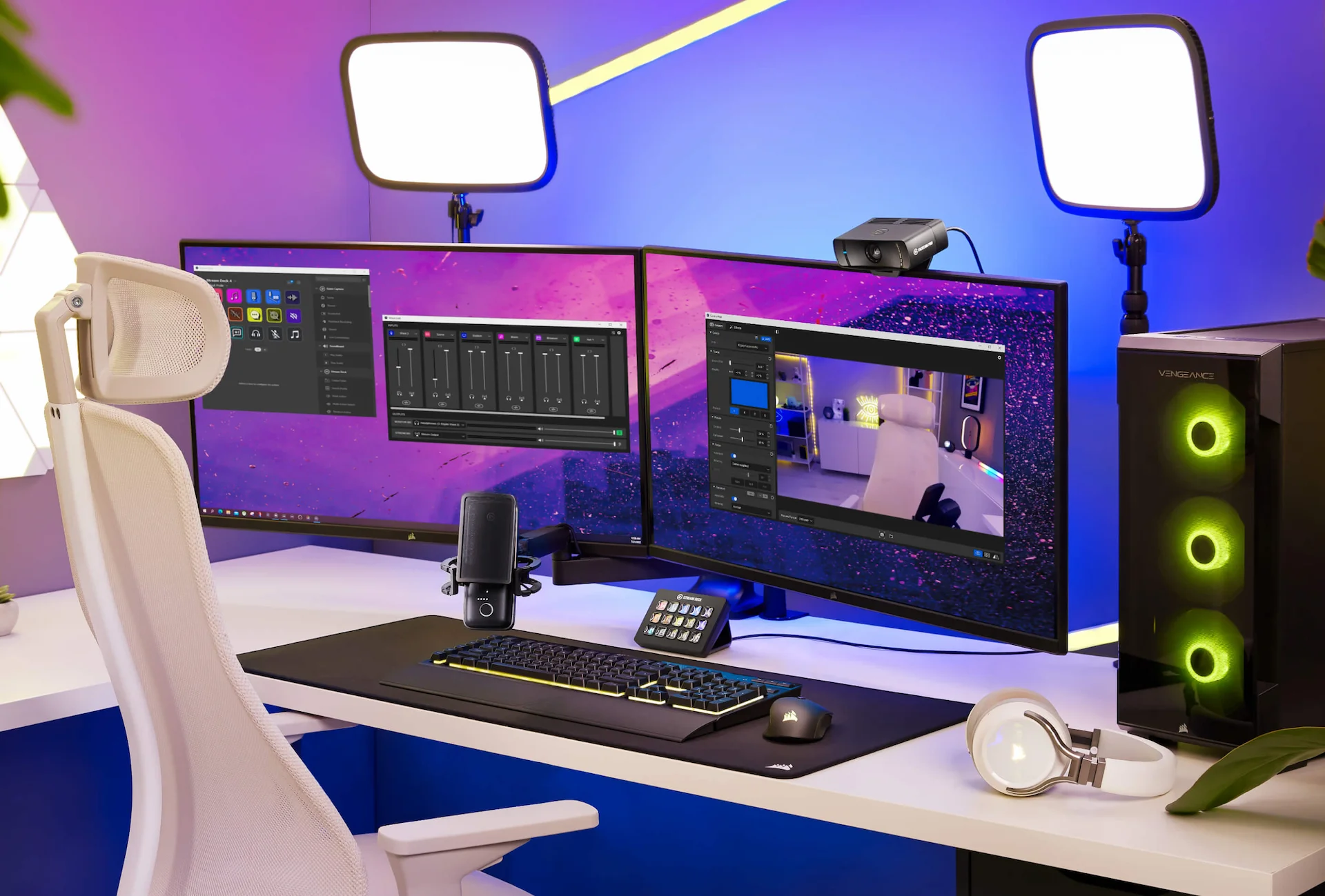 Une configuration de joueur avec deux moniteurs, des lumières et des accessoires de jeu.