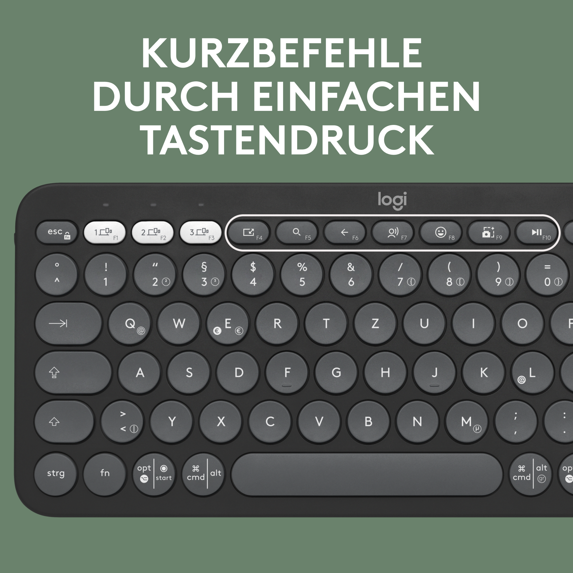 Nahaufnahme einer schwarzen Tastatur mit Funktionstasten und Verknüpfungen.