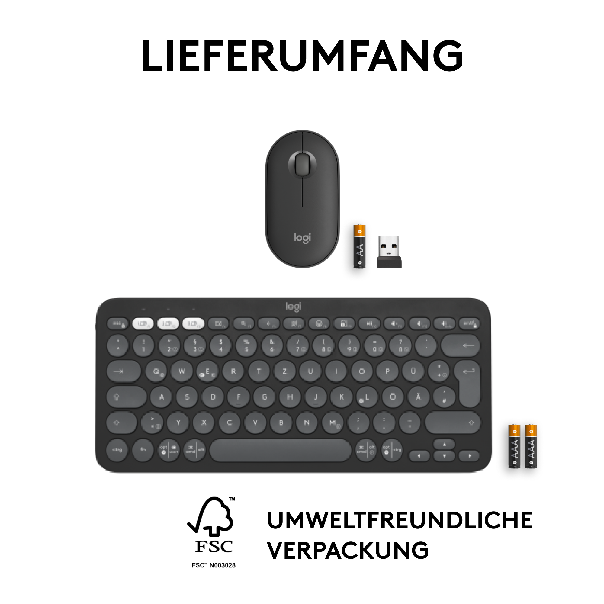 Eine schwarze Tastatur, Maus und USB-Empfänger. Die Verpackung sagt "UMWELTFREUNDLICHE VERPACKUNG".