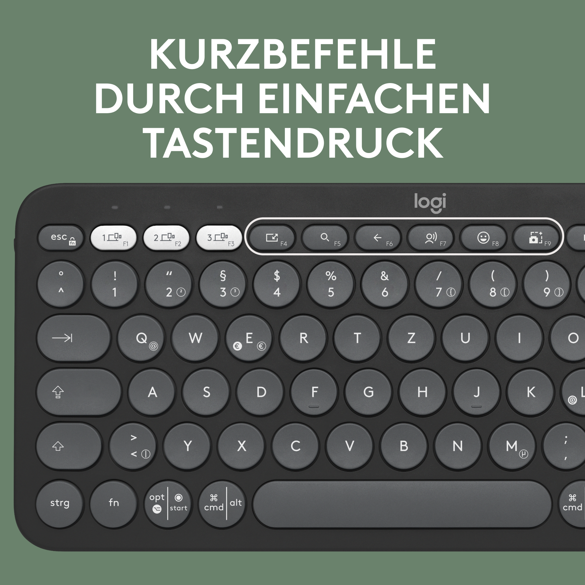 Eine schwarze Tastatur mit weißen Tasten. Text: 'Kurzbefehle durch einfachen Tastendruck'.