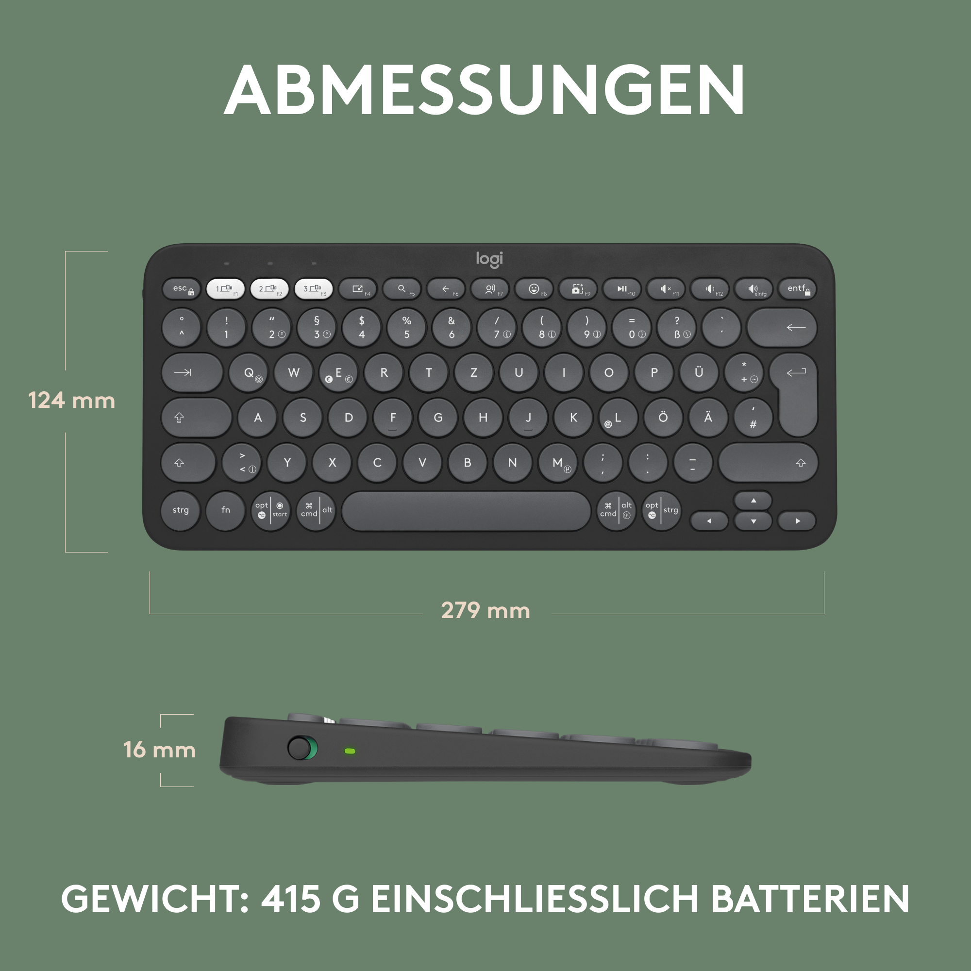 Schwarze Tastatur mit weißen Tasten. Zeigt Maße und Gewichtsangaben.