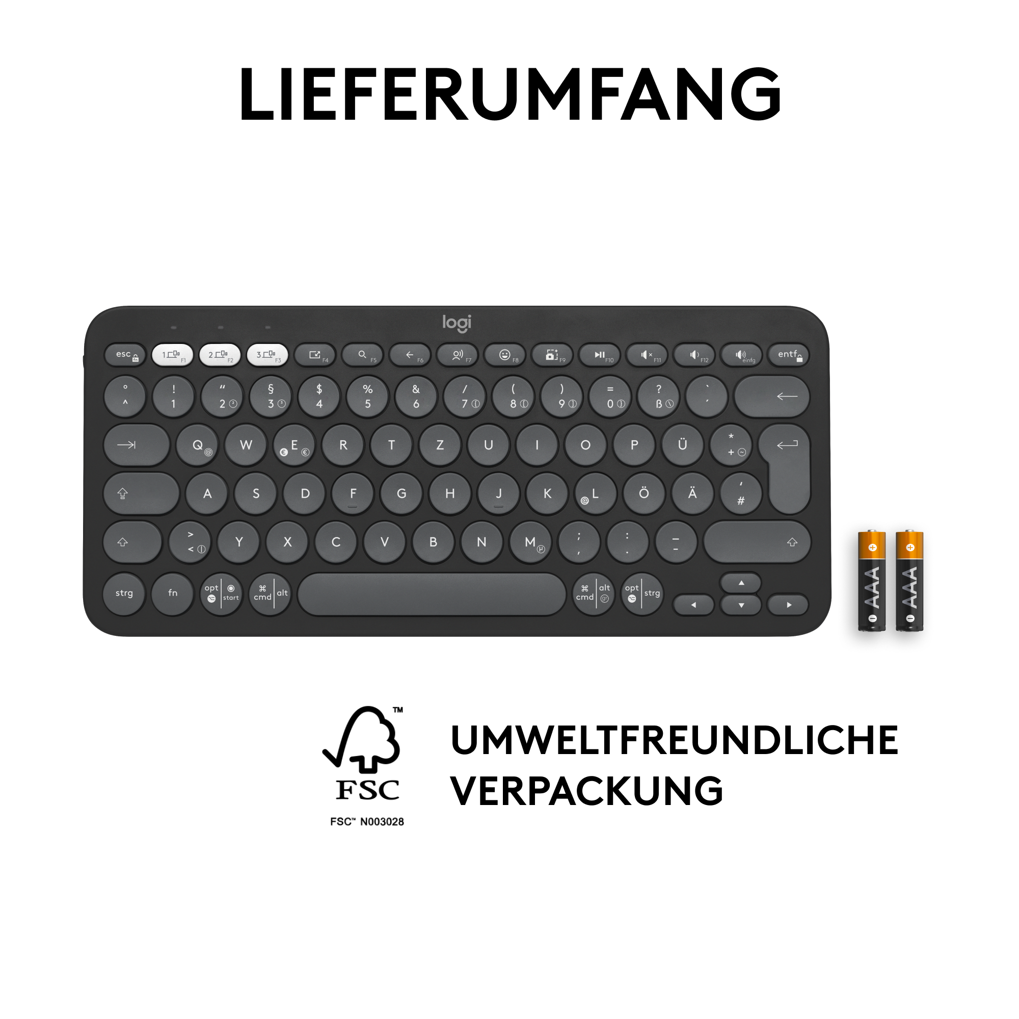 Eine schwarze Tastatur mit Batterien und dem Text: UMWELTFREUNDLICHE VERPACKUNG.