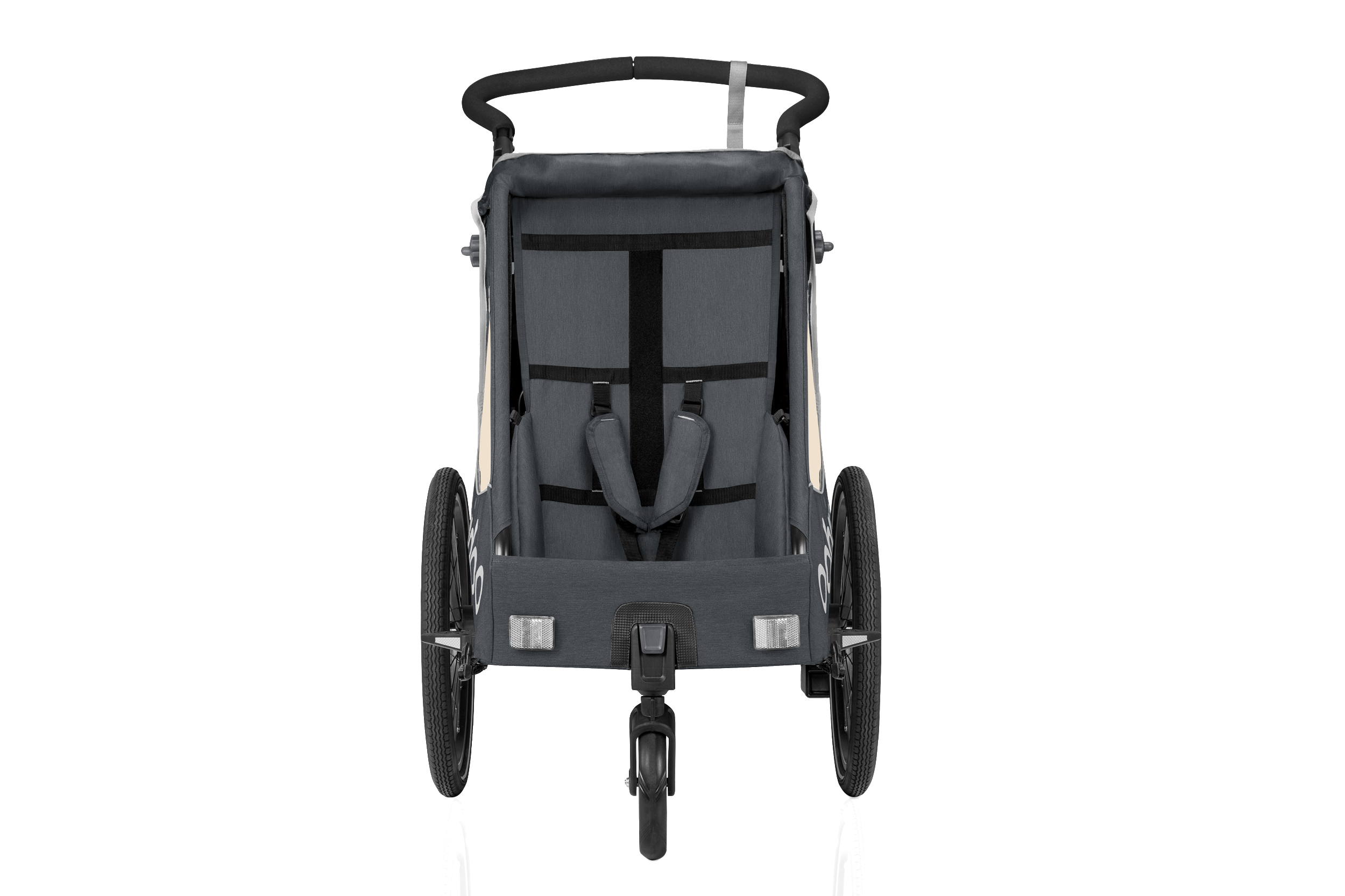 Dunkelgrauer Kinderanhänger mit zwei Rädern, schwarzem Lenker und kleinem Vorderrad.