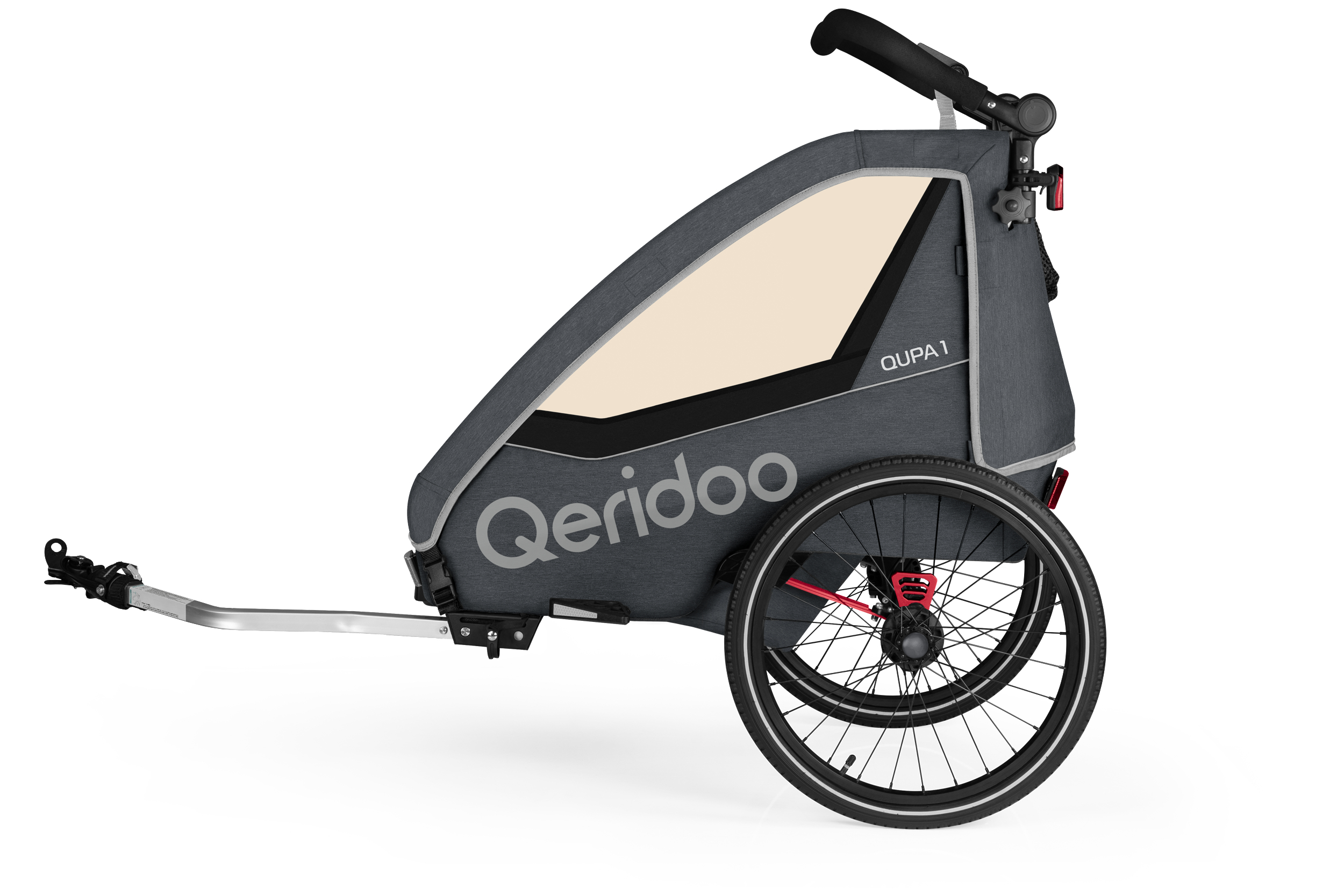 Grauer Qeridoo Kinderfahrradanhänger auf weißem Hintergrund.