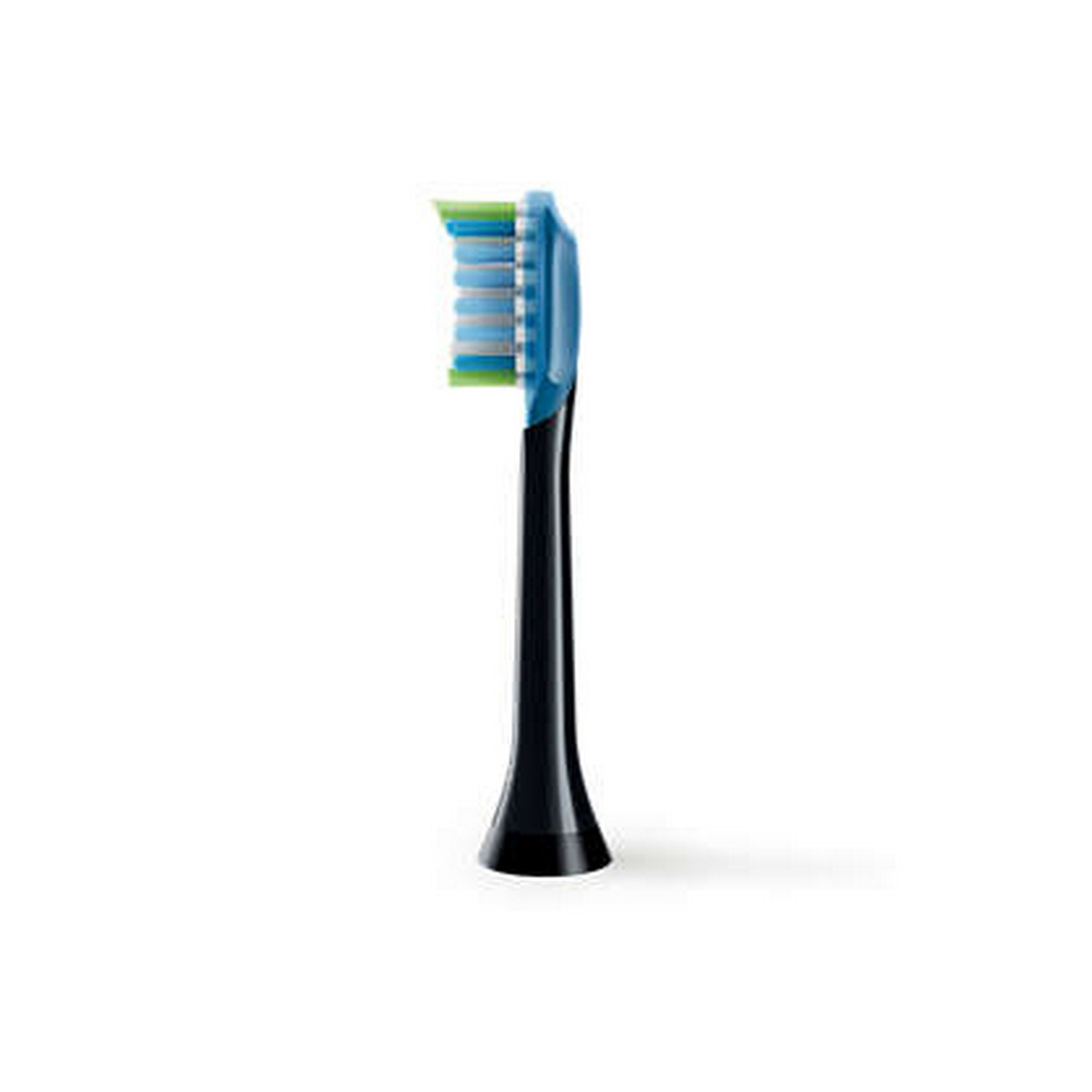 A toothbrush head. It has blue, green, and white bristles on a black handle.