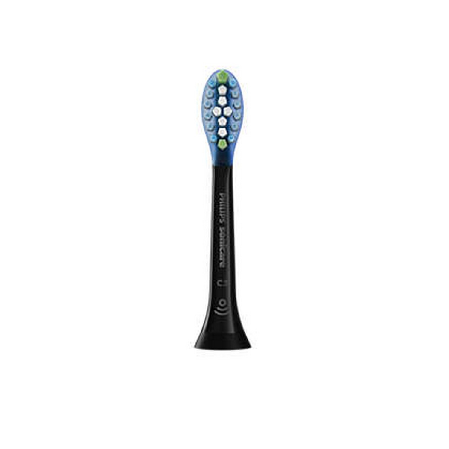 A toothbrush head with blue bristles on a black handle, from Philips Sonicare.