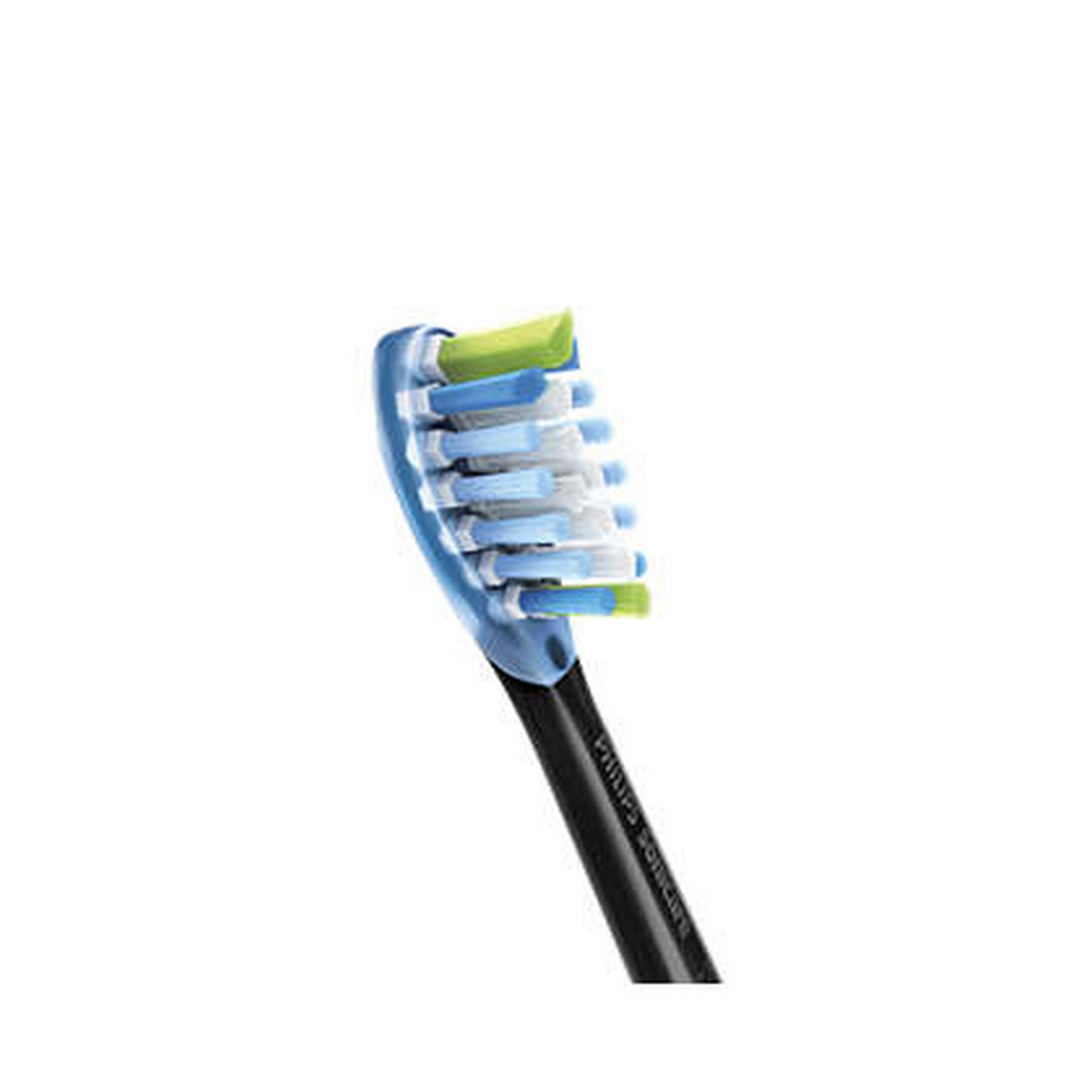 A close-up of a blue and black toothbrush head with white and green bristles.