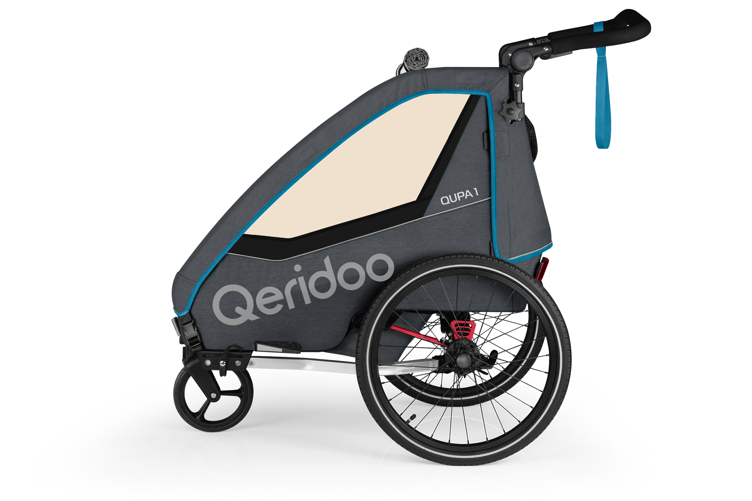 Grauer und blauer Kinderwagen mit drei Rädern, Qeridoo-Logo und blauem Griff.