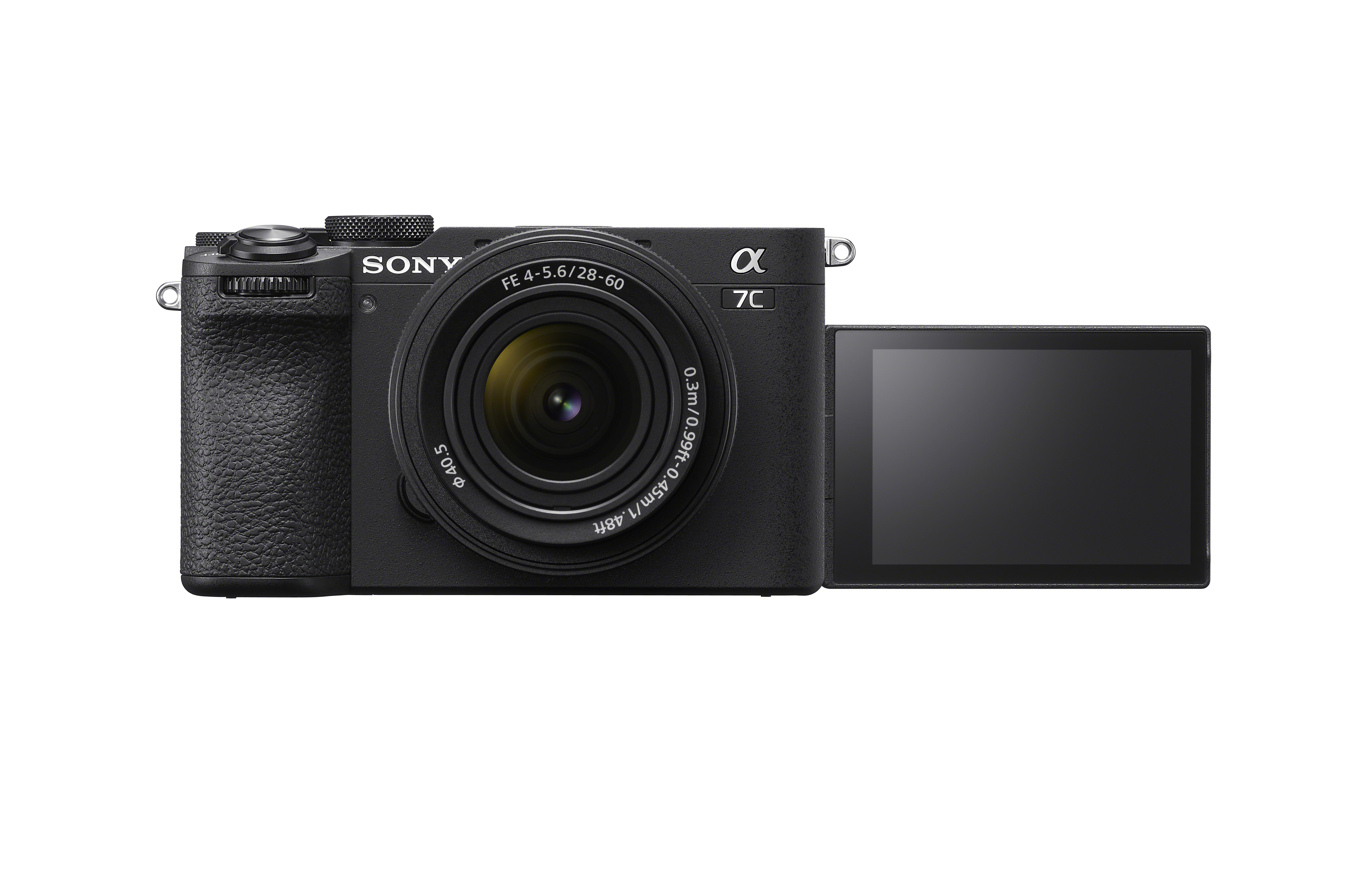 Eine schwarze Sony-Kamera mit Objektiv und offenem Bildschirm, auf weißem Hintergrund.