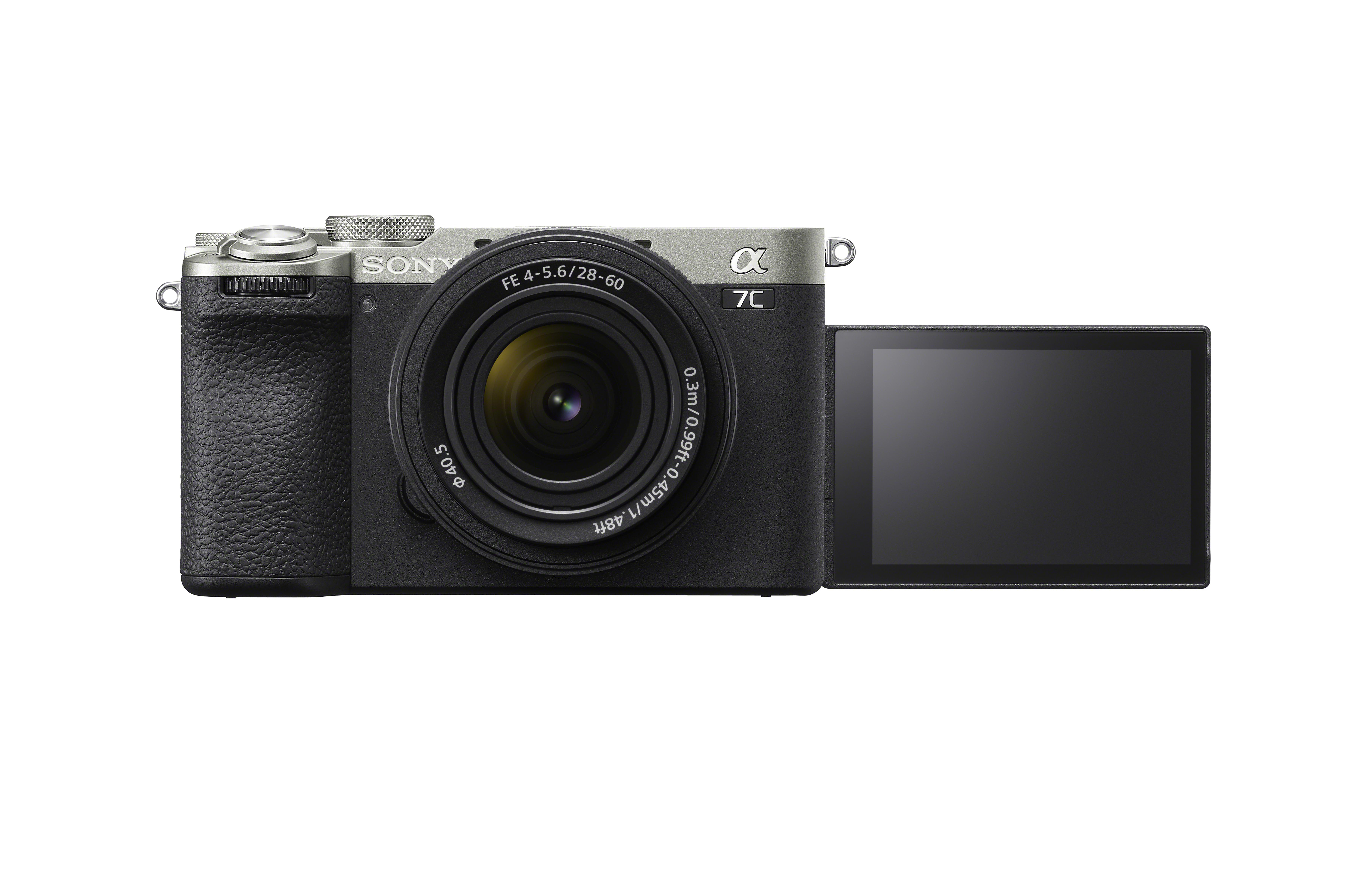 Eine silberne und schwarze Sony Alpha 7C Kamera mit ausgeklapptem Bildschirm und Objektiv.