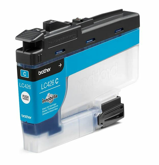 Cartucho de tinta cian, LC426 C, con detalles en negro. Cuerpo de plástico transparente y etiqueta Brother.