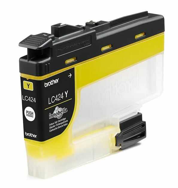 Cartucho de tinta amarillo y negro Brother LC424Y, con ventana transparente.