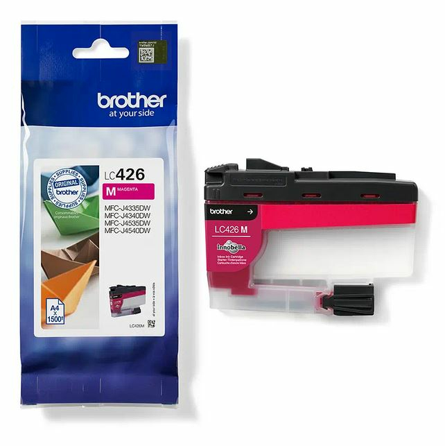 Paquete y cartucho de tinta Brother. El paquete está etiquetado con el color de la tinta.