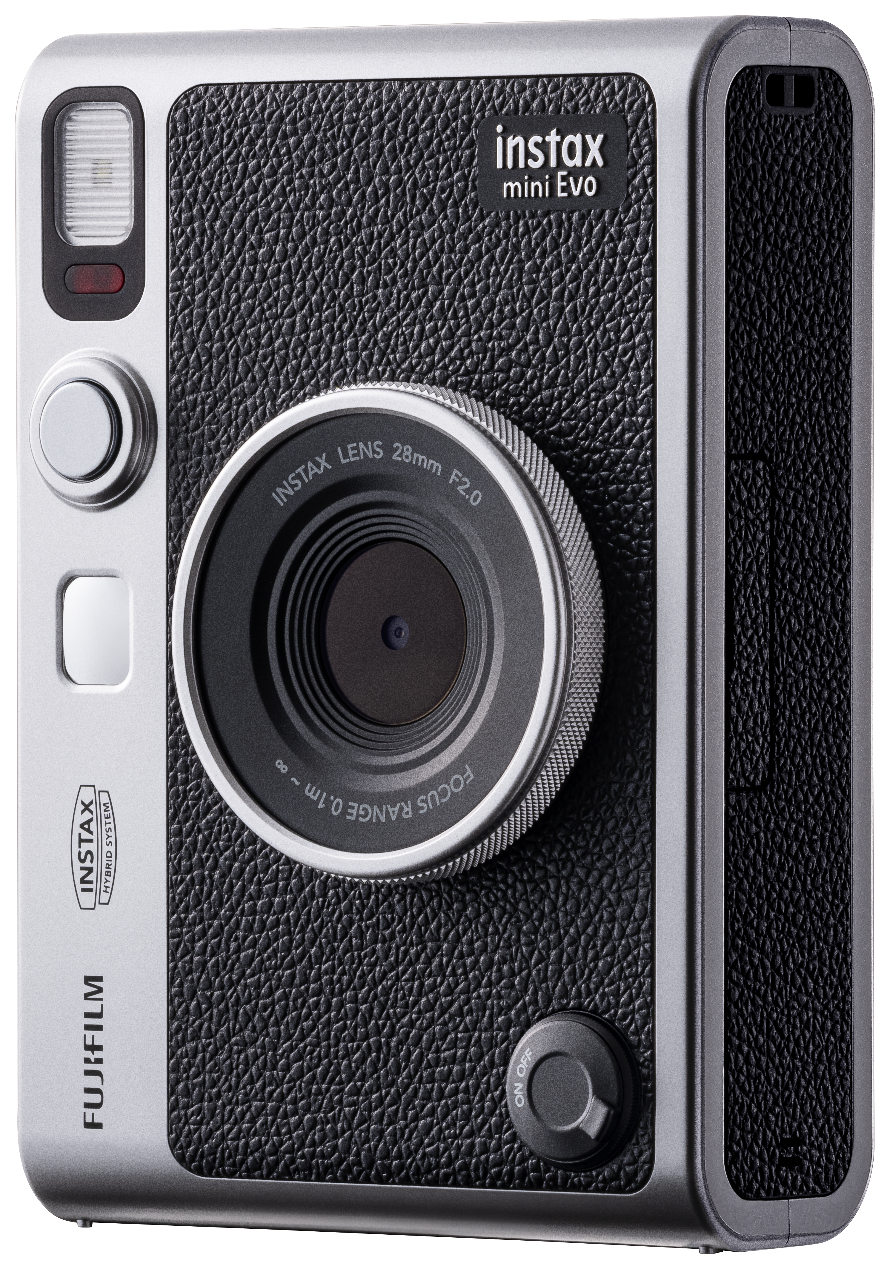 Silberne Instax Mini Evo Kamera mit schwarzem strukturiertem Griff.