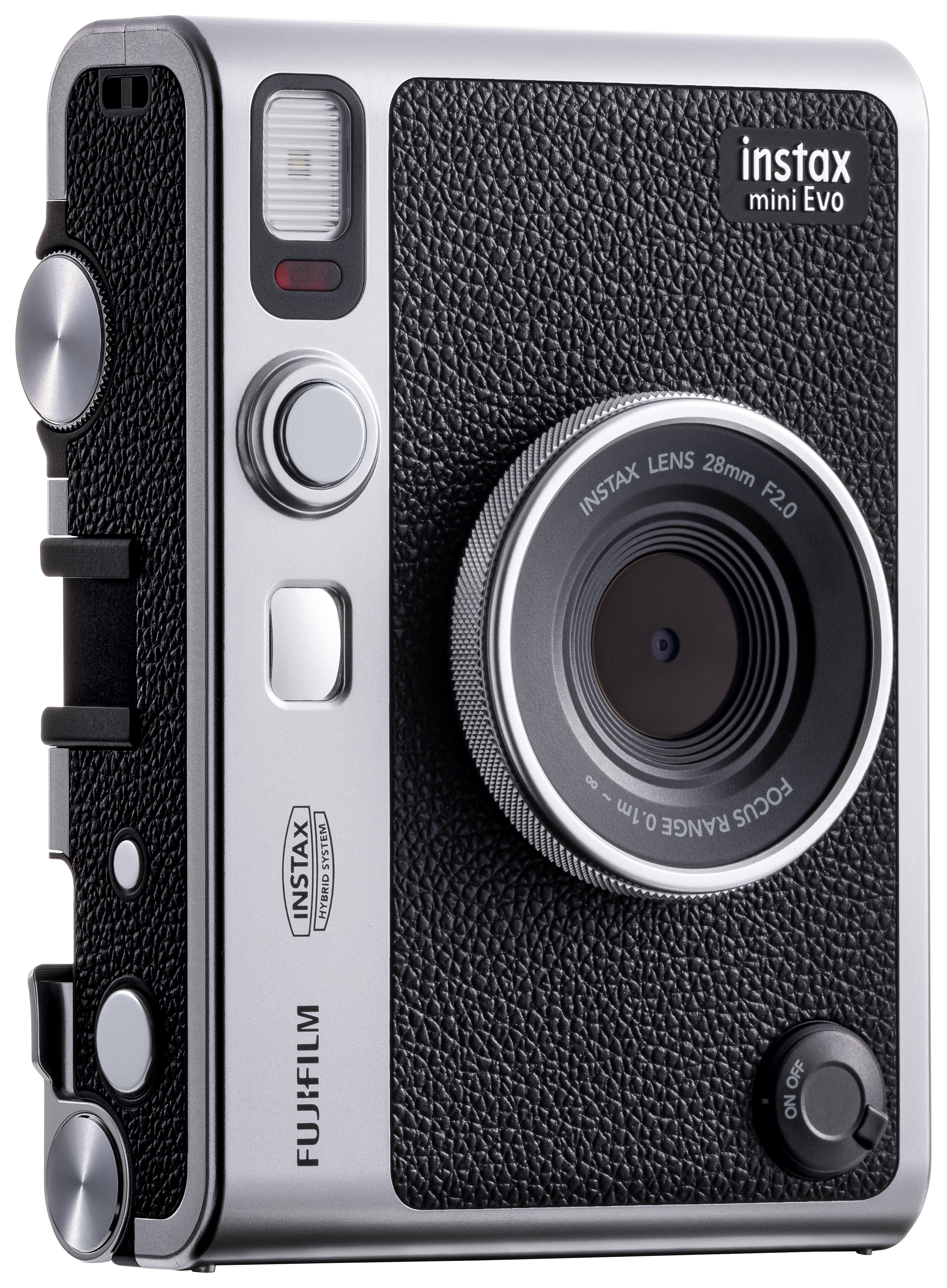 Schwarze und silberne Instax Mini Evo Kamera. Mit Objektiv, Blitz und verschiedenen Bedientasten.