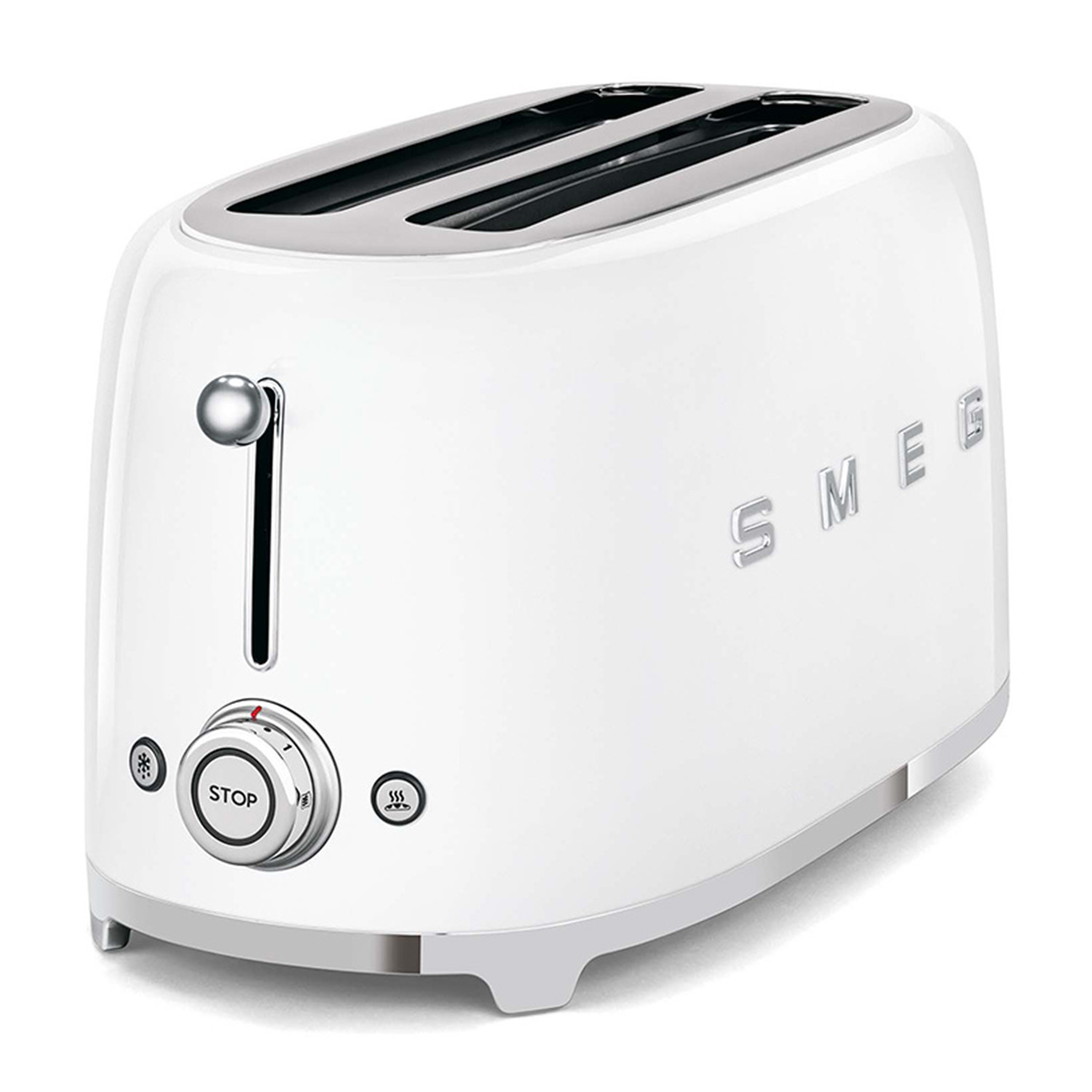 Tostapane Smeg bianco con due fessure, una leva e un quadrante con pulsante 'STOP'.