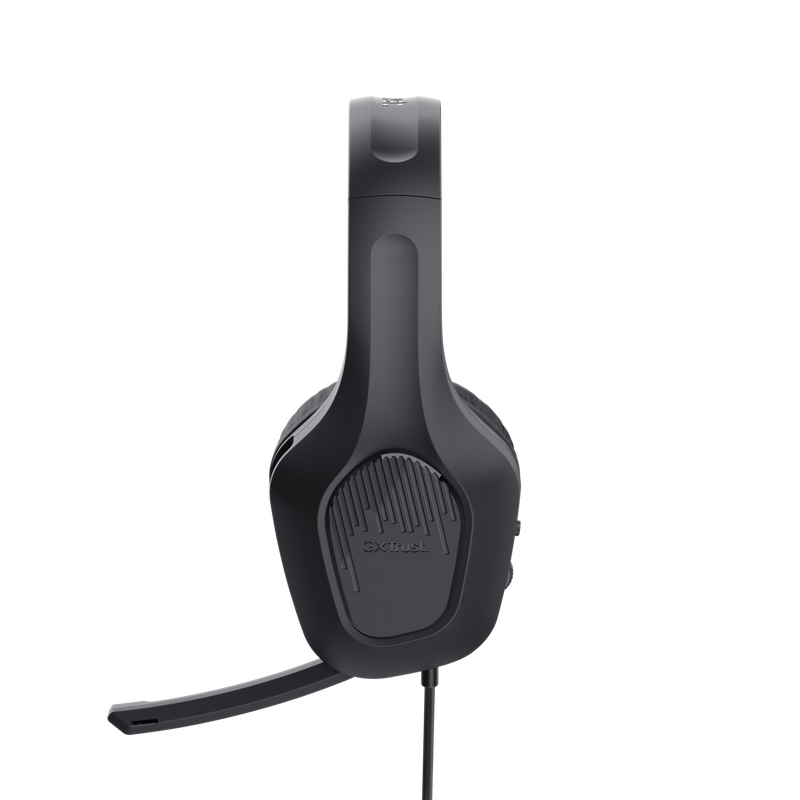 Auriculares negros con micrófono y el logo de Trust.