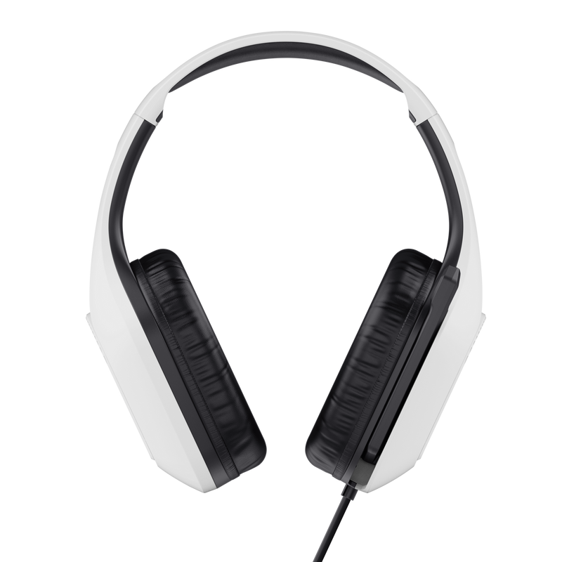 Auriculares blancos con copas negras y un cable de conexión negro.