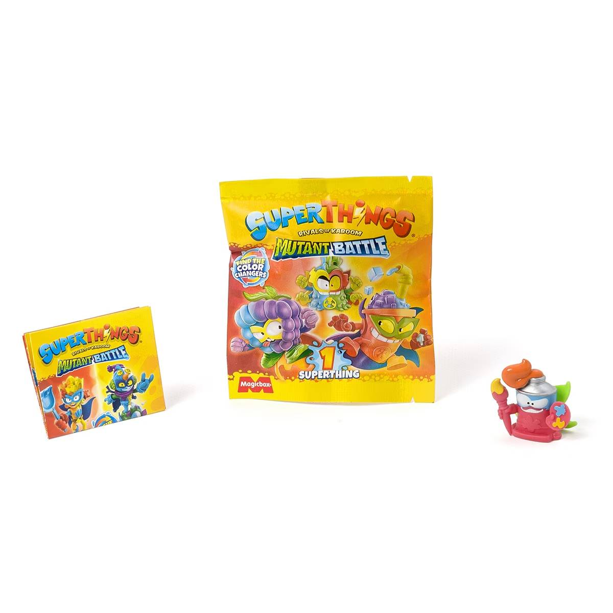 Set de juguetes SuperThings Mutant Battle, incluyendo un folleto y un personaje.