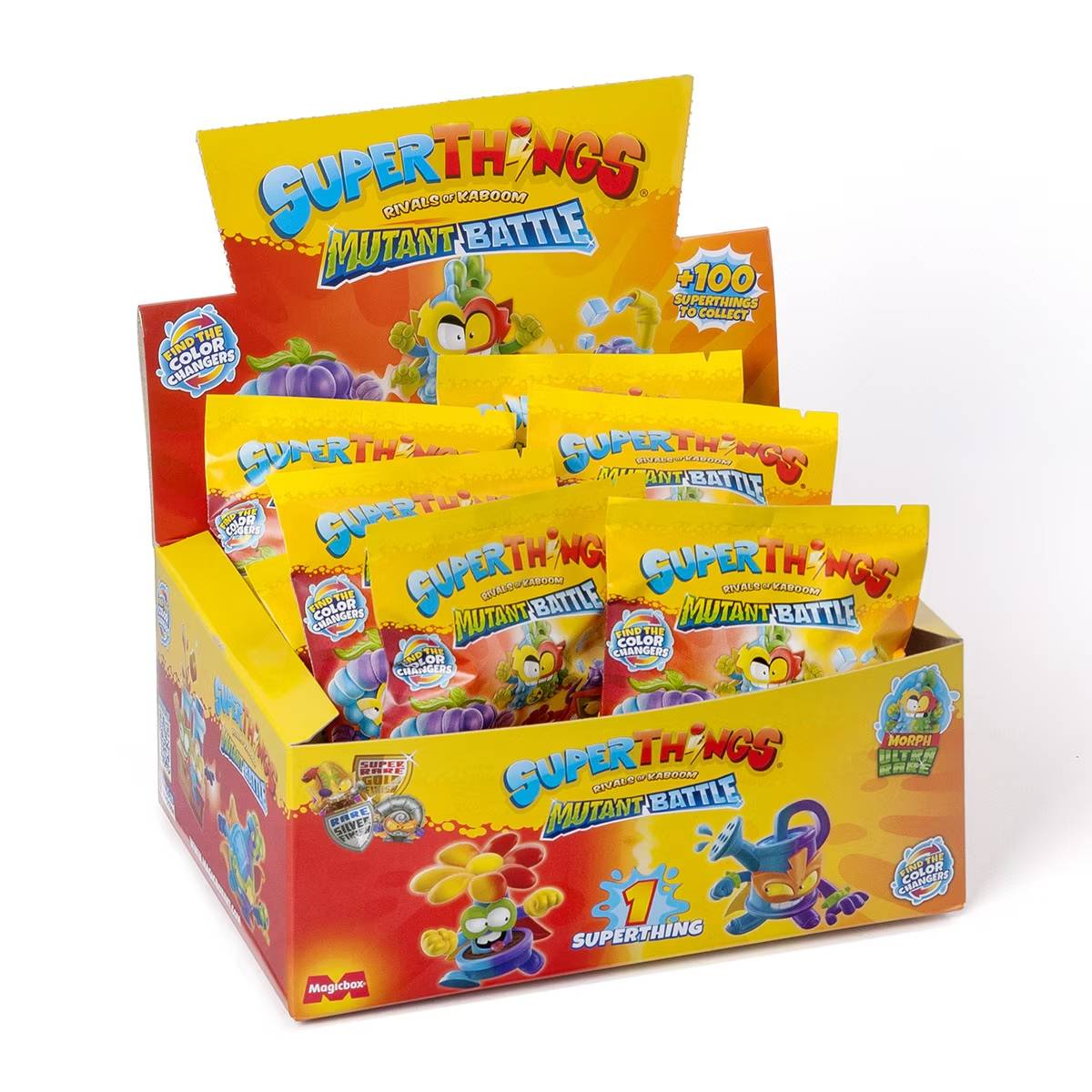 Una caja expositora de juguetes SuperThings Mutant Battle, con varios paquetes y personajes de colores.