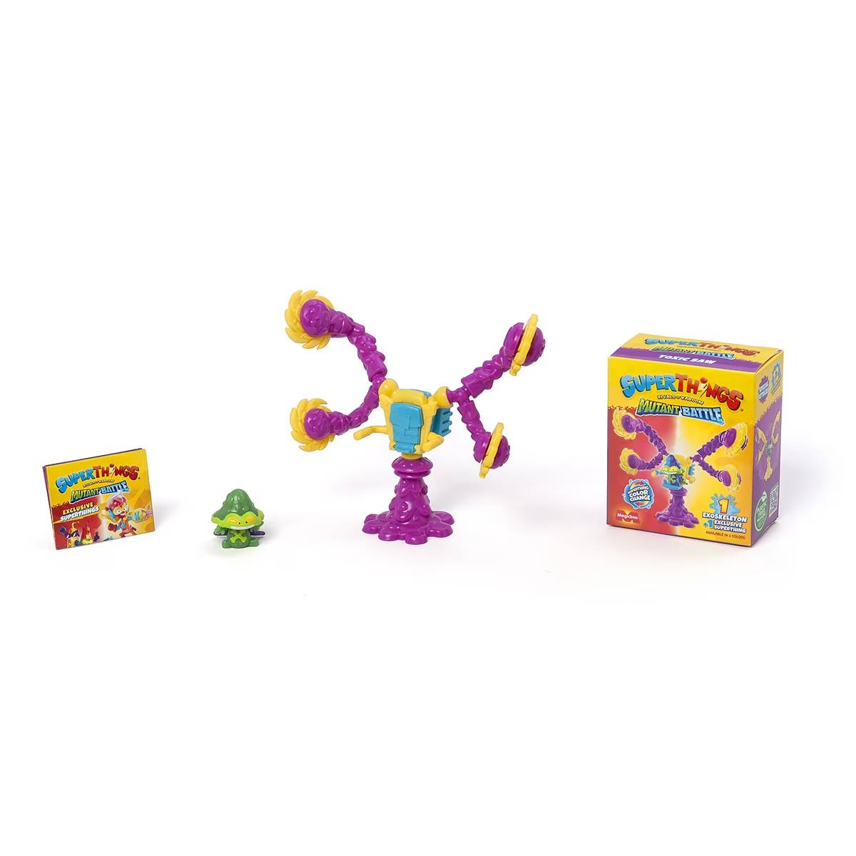 Juego SuperThings Mutant Battle con figuras y embalaje sobre blanco.